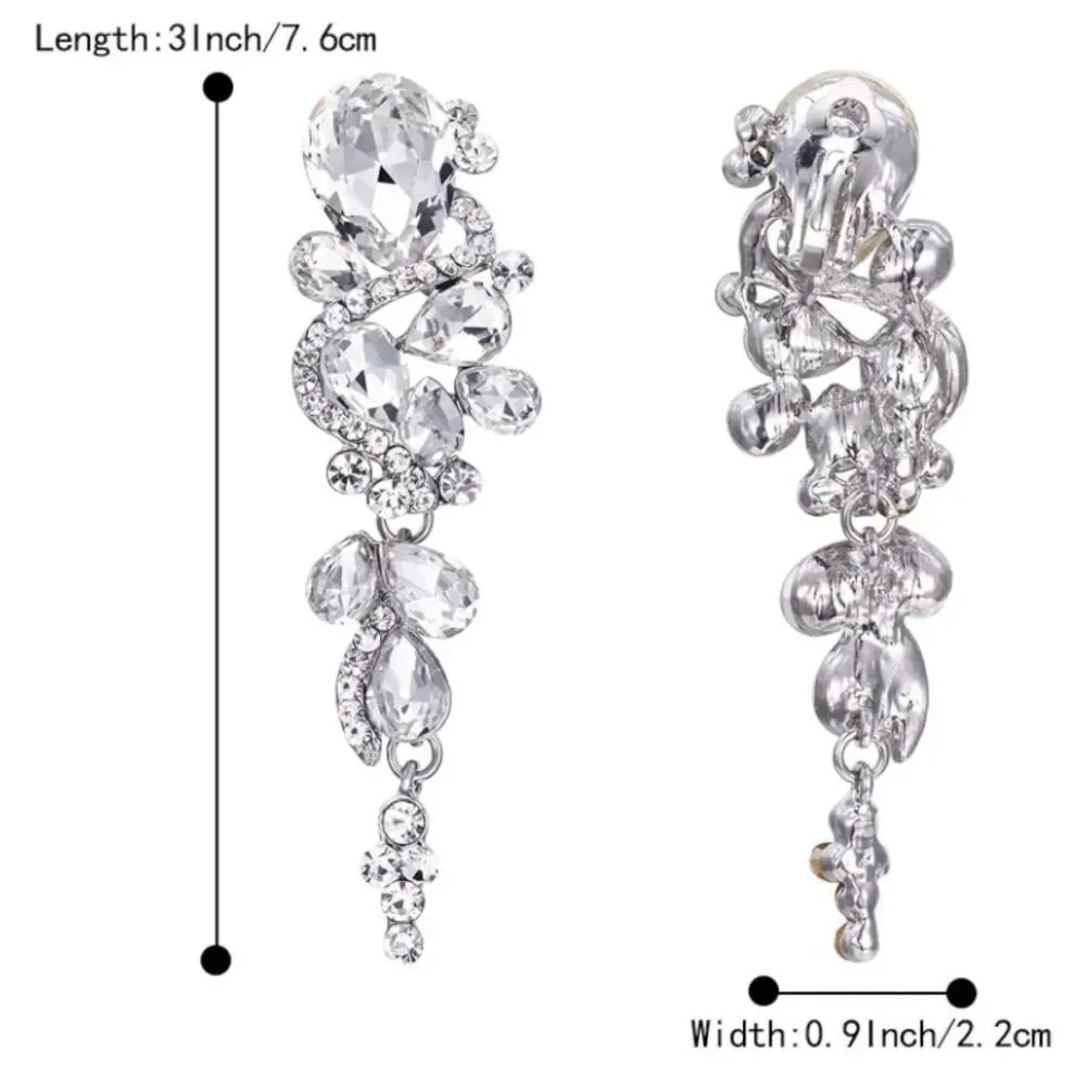 Silver with White Diamond Austrian Crystal Chandelier Statement Clip On Earrings